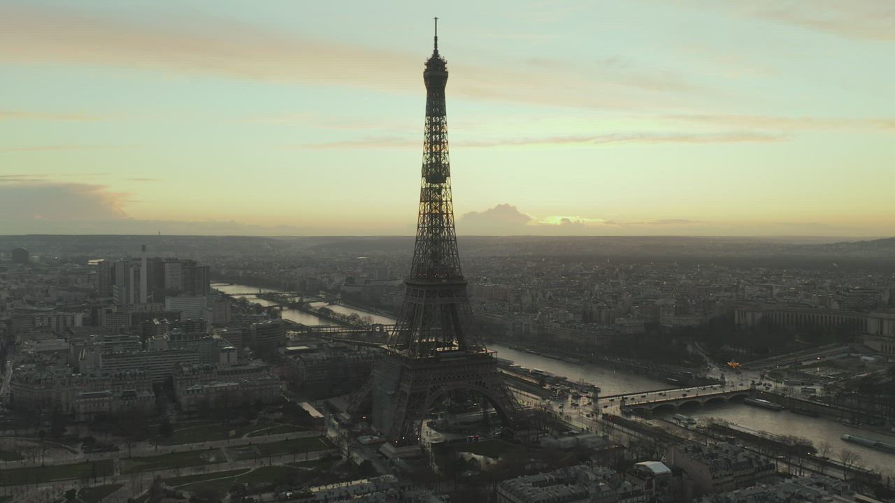 Full aerial shot of the Eiffel Tower in Paris.